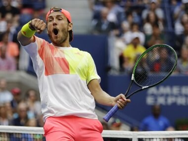 Lucas Pouille reacts after beating Rafael Nadal. AP