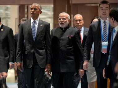 US President Barack Obama, and Prime Minister Narendra Modi at the G-20 Summit in Hangzhou on Sunday. Reuters