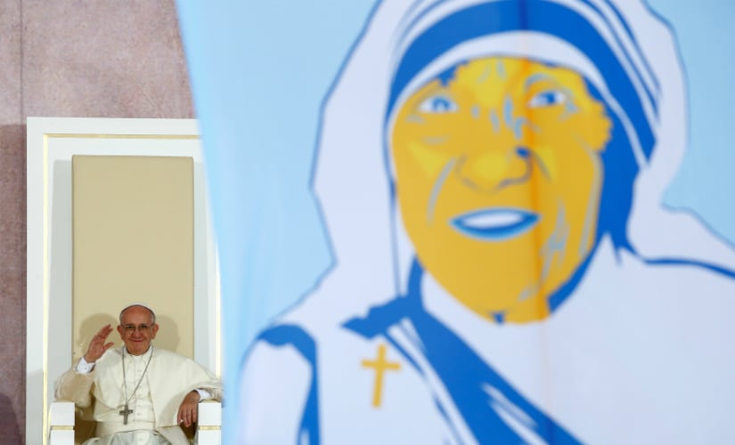 Pope Francis waves at a picture of Mother Teresa during World Youth Days in Poland. (File image: Reuters)