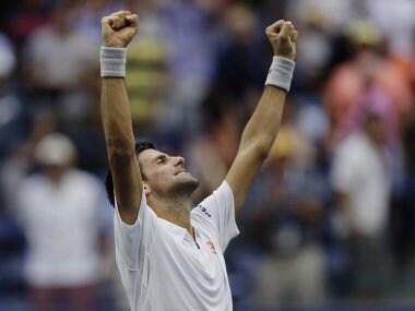 Novak Djokovic reacts after defeating Gael Monfils at the US Open. AP
