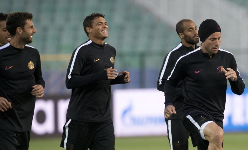 Paris Saint-Germain's Thiago Silva and Maxwell take part in a training session at the Vassil Levski stadium in Sofia. AFP