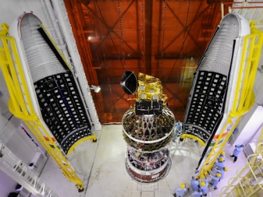 SCATSAT-1 spacecraft integrated with PSLV-C35 with two halves of the heat shield seen. Image: Isro