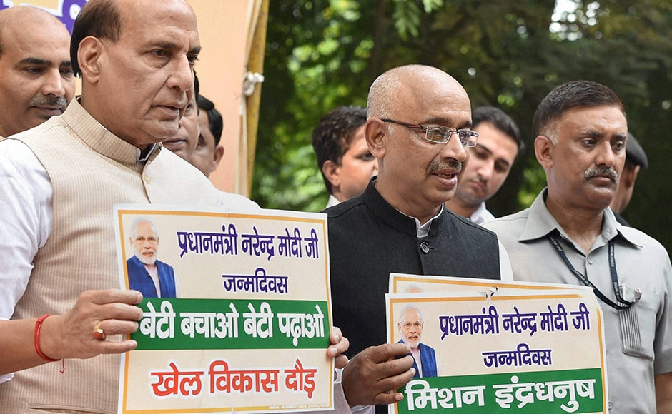 Home Minister Rajnath Singh with Sports Minister Vijay Goel during the flag off ceremony of Khel Vikas run on the occasion PM Modi's birthday. PTI Home Minister Rajnath Singh with Sports Minister Vijay Goel during the flag off ceremony of Khel Vikas run on the occasion PM Modi's birthday. PTI