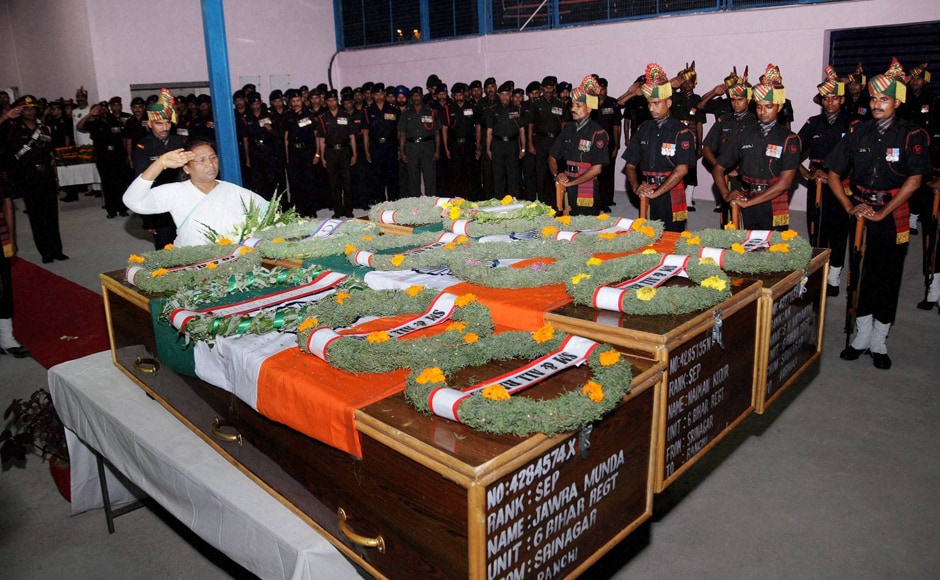 Jharkhand Governor Droupadi Murmu offering tribute to slain Army jawans Jawra Munda, Nayan Kumar and S K Vidyarthi in Ranchi on Monday. Army jawans died in a terror attack at Uri near Line of Control on Sunday morning. PTI Jharkhand Governor Droupadi Murmu offering tribute to slain Army jawans Jawra Munda, Nayan Kumar and S K Vidyarthi in Ranchi on Monday. Army jawans died in a terror attack at Uri near Line of Control on Sunday morning. PTI