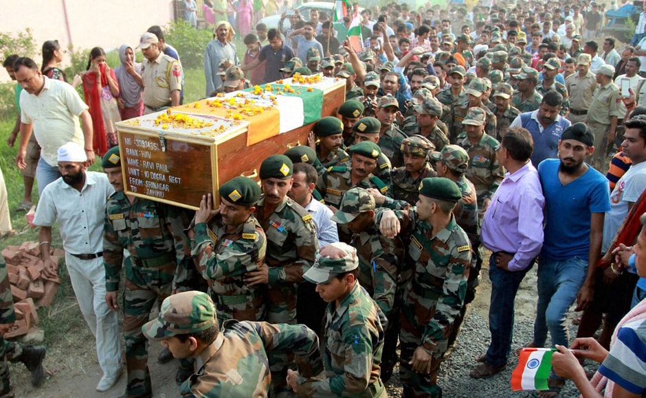 Soldiers carry the mortal remains of Havildar Ravi Paul at his native village, Sarwa in Samba on Monday. Ravi Paul was martyred in terrorist attack at the Army Camp at Uri near LoC. PTI Soldiers carry the mortal remains of Havildar Ravi Paul at his native village, Sarwa in Samba on Monday. Ravi Paul was martyred in terrorist attack at the Army Camp at Uri near LoC. PTI