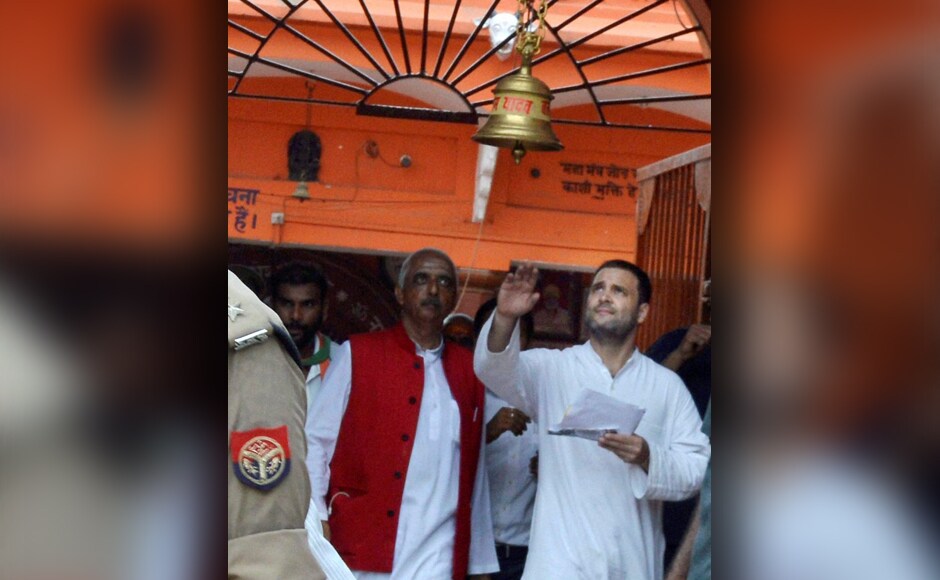 Gandhi also visited a temple before beginning the 'Charcha'. During the event, he accused Prime Minister Narendra Modi of ignoring the problems of the farmers. Photo: PTI Gandhi also visited a temple before beginning the 'Charcha'. During the event, he accused Prime Minister Narendra Modi of ignoring the problems of the farmers. Photo: PTI