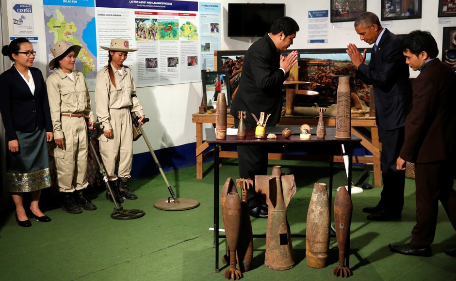 U.S. President Barack Obama (2nd R) bows as he meets Thippasone Soukhathammavong, director of UXO Lao, as he visits the Cooperative Orthotic and Prosthetic Enterprise (COPE) for victims of amputations due to accidents with the many rounds of unexploded ordnance remaining in the Laotian countryside following the Vietnam War era, on the sidelines of the ASEAN Summit, in Vientiane, Laos. Reuters U.S. President Barack Obama (2nd R) bows as he meets Thippasone Soukhathammavong, director of UXO Lao, as he visits the Cooperative Orthotic and Prosthetic Enterprise (COPE) for victims of amputations due to accidents with the many rounds of unexploded ordnance remaining in the Laotian countryside following the Vietnam War era, on the sidelines of the ASEAN Summit, in Vientiane, Laos. Reuters