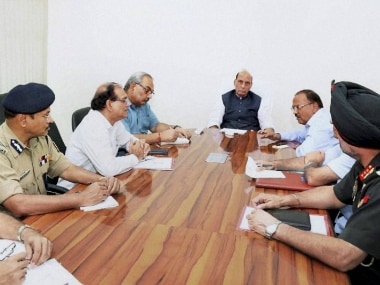 Home Minister Rajnath Singh holding a high-level security meeting at his residence in New Delhi on Sunday. PTI