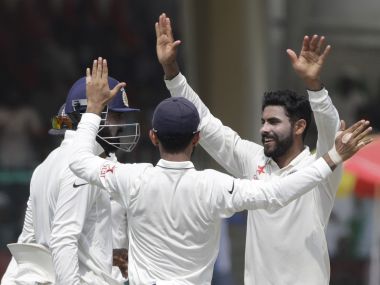 Ravindra Jadeja (R) dismantled New Zealand batting line-up on Day 3 at Kanpur. AP