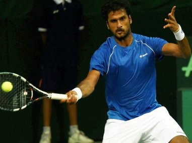 India's Saketh Myneni in action against Spanish tennis player David Ferrer. PTI