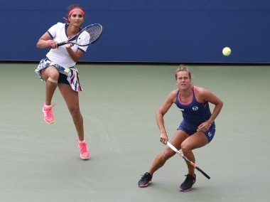 File picture of Sania Mirza in action with her doubles partner Barbora Strycova. AP