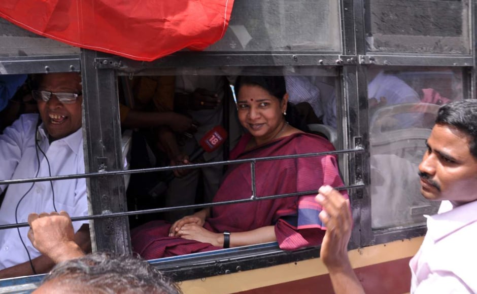Police on Friday detained DMK leader Kanimozhi who was protesting along with the other party workers during the day long bandh in Tamil Nadu over the Cauvery water issue. V Srinavasulu Police on Friday detained DMK leader Kanimozhi who was protesting along with the other party workers during the day long bandh in Tamil Nadu over the Cauvery water issue. V Srinavasulu