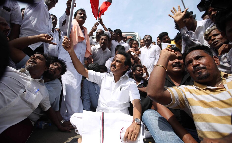 DMK leader MK Stalin with prosters during the day long bandh in Tamil Nadu over the Cauvery water dispute. V Srinavasulu DMK leader MK Stalin with prosters during the day long bandh in Tamil Nadu over the Cauvery water dispute. V Srinavasulu