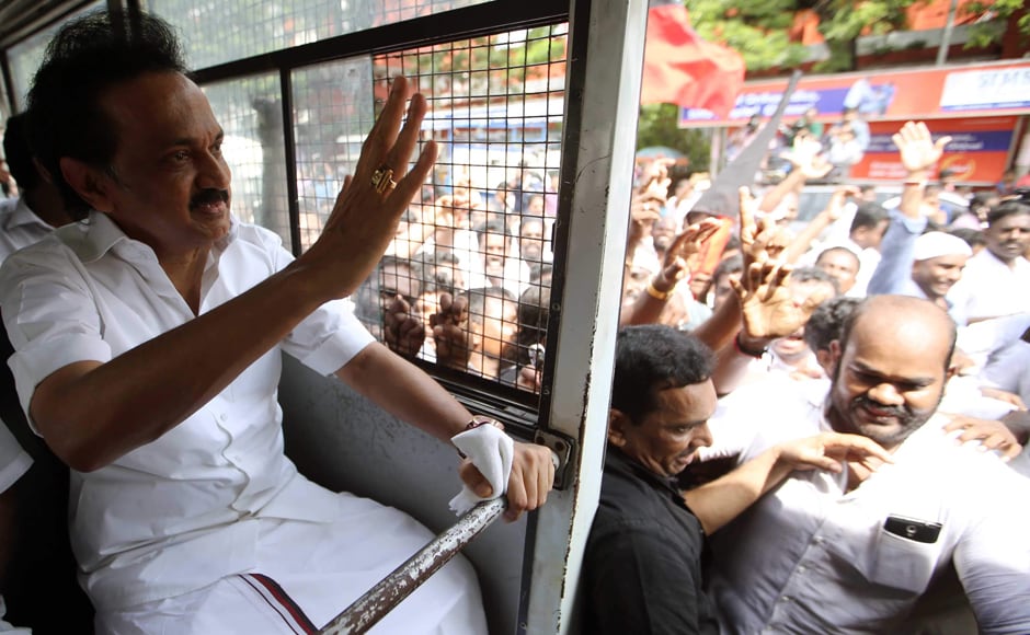 DMK leader MK Stalin was among many other leaders who were detained on Friday whlie protesting during the day long bandh over the Cauvery dispute. V Srinivasulu DMK leader MK Stalin was among many other leaders who were detained on Friday whlie protesting during the day long bandh over the Cauvery dispute. V Srinivasulu