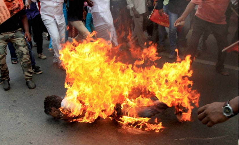 Vignesh when he immolated self in Chennai on Thursday. PTI