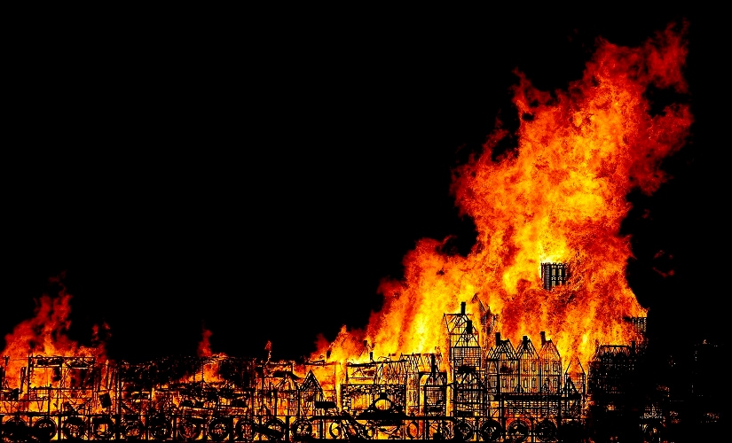 A 120-metre long sculpture of the 17th-century London skyline is set alight in a retelling of the story of the Great Fire of London in 1666. AP