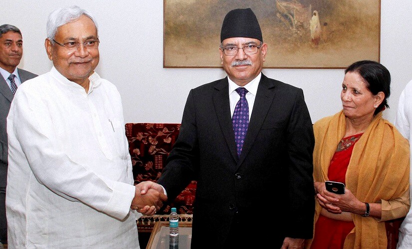 Bihar chief minister Nitish Kumar shakes hands with Nepal prime minister Pushpa Kamal Dahal aka Prachand at a meeting in New Delhi on Thursday. PTI