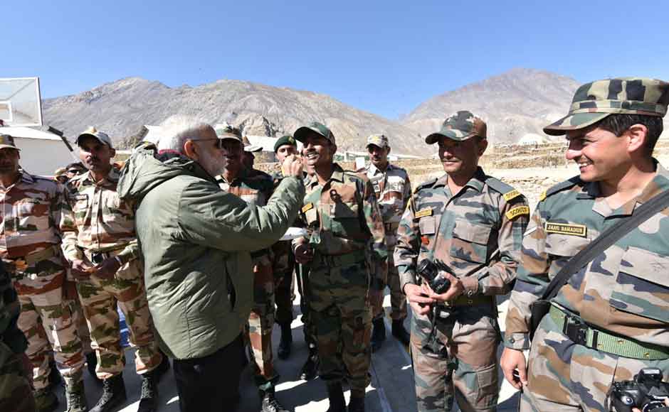 Prime Minister Narendra Modi celebrated Diwali with Indo-Tibet Border Police and Army jawans at Sumdo, Kinnaur district of Himachal Pradesh. (Photo: Twitter@ narendramodi) Prime Minister Narendra Modi celebrated Diwali with Indo-Tibet Border Police and Army jawans at Sumdo, Kinnaur district of Himachal Pradesh. (Photo: Twitter@ narendramodi)