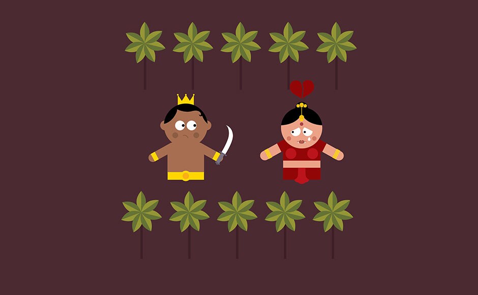 Charmed by the handsome brothers, she tried to kill Sita. But Lakshman cut off her nose and ears. Charmed by the handsome brothers, she tried to kill Sita. But Lakshman cut off her nose and ears.