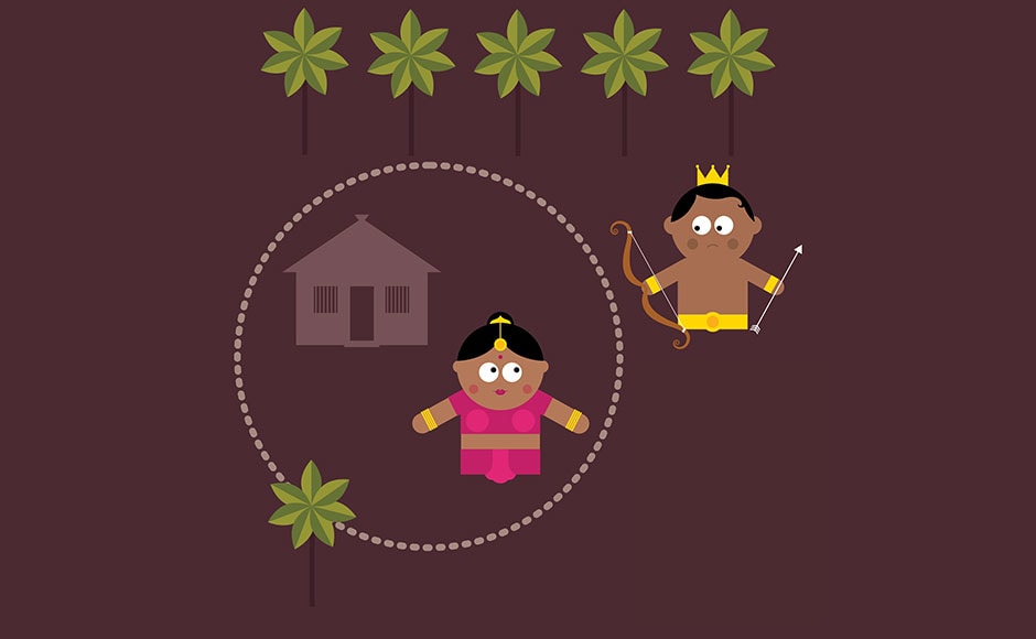 While Lakshman was guarding Sita, he heard Ram’s cries from within the forest. But before setting out, he drew a magical boundary around the cottage to protect Sita. While Lakshman was guarding Sita, he heard Ram’s cries from within the forest. But before setting out, he drew a magical boundary around the cottage to protect Sita.