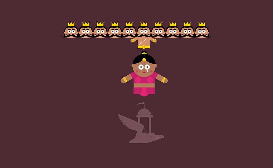 Ravan changed back to the demon king. He dragged her into his flying chariot and took flight. Ravan changed back to the demon king. He dragged her into his flying chariot and took flight.