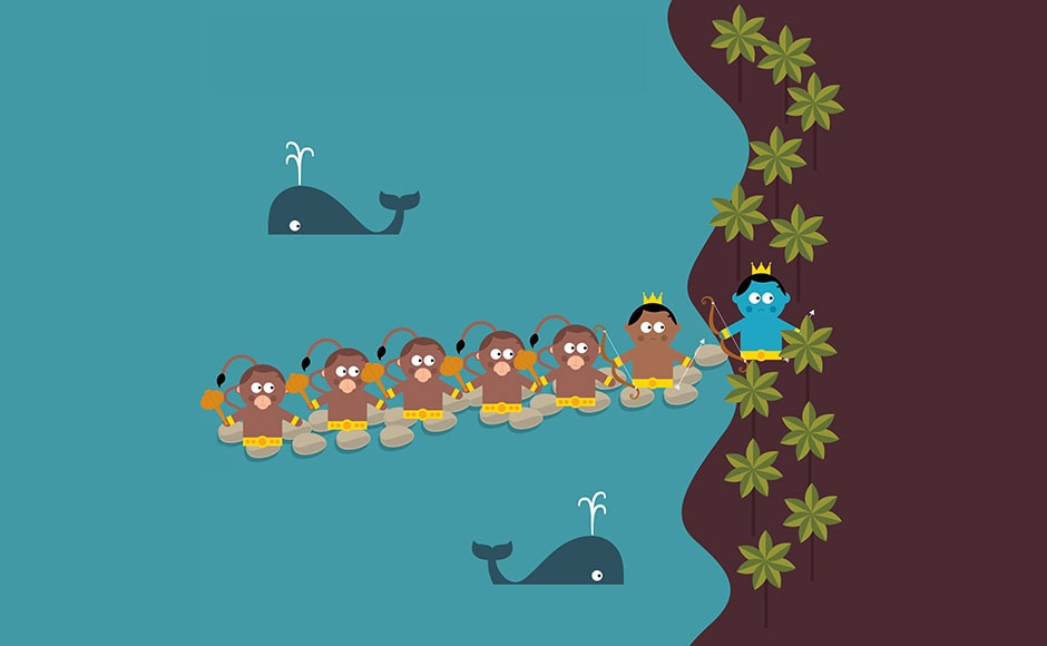 Meanwhile, Ram had nearly reached Lanka. Only the ocean lay in front of him. The monkey army laid pebbles and stones to construct a bridge. Meanwhile, Ram had nearly reached Lanka. Only the ocean lay in front of him. The monkey army laid pebbles and stones to construct a bridge.