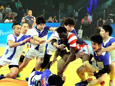 Japan and USA team in action at the Kabaddi World Cup.