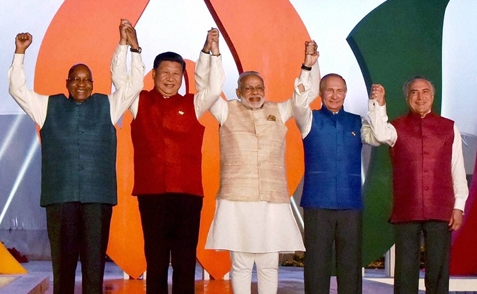 Prime Minister Narendra Modi with Brazil President, Michel Temer, South Africa President, Jacob Zuma, Russian President Vladimir Putin and Chinese President Xi Jinping pose for a group photo at the informal dinner in Benaulim, Goa on Saturday. (Photo: PTI) Prime Minister Narendra Modi with Brazil President, Michel Temer, South Africa President, Jacob Zuma, Russian President Vladimir Putin and Chinese President Xi Jinping pose for a group photo at the informal dinner in Benaulim, Goa on Saturday. (Photo: PTI)