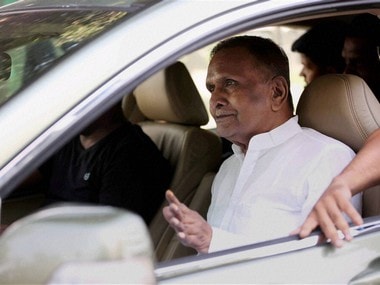 Rajya Sabha MP Beni Prasad Verma leaving after meeting Samajwadi Party supremo Mulayam Singh Yadav at his residence in Lucknow on Saturday. PTI