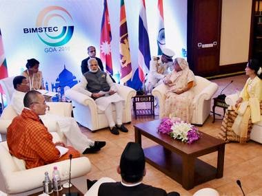 Prime Minister Narendra Modi with the BIMSTEC leaders at a meeting in Mobor, Goa on Sunday. PTI