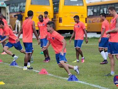Delhi Dynamos' players train at Kochi ahead of their clash against Kerala Blasters. Twitter/@DelhiDynamos