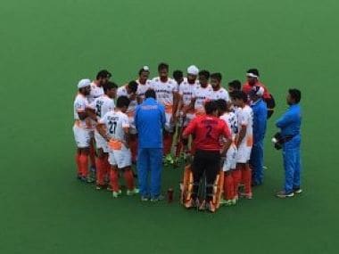India's junior men's hockey team in a hurdle during their match against NSW . Image courtesy: Twitter/Verified account @TheHockeyIndia