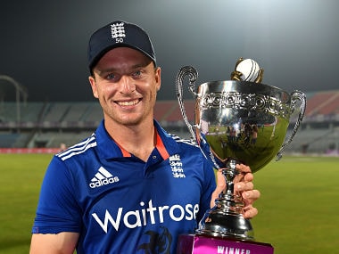 England captain Jos Buttler lifts the series trophy after winning the 3rd One Day International match against Bangladesh. Getty Images