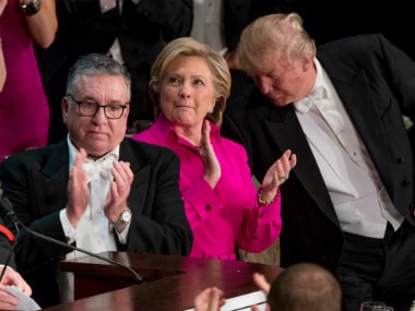 From left, Alfred E. Smith IV, Democratic presidential candidate Hillary Clinton, and Republican presidential candidate Donald Trump. AP