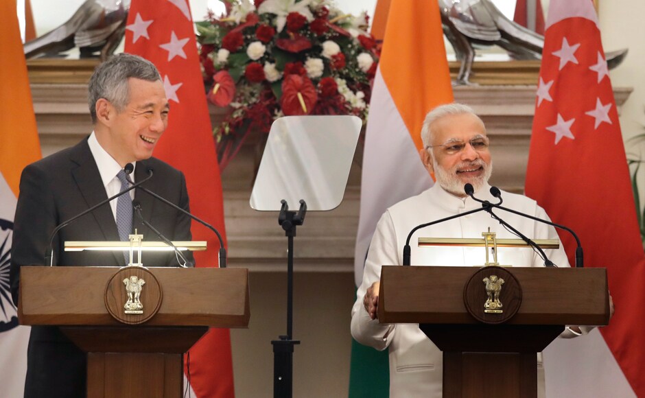 Prime Minister Narendra Modi makes a media statement beside his Singapore counterpart Lee Hsien Loong in New Delhi, India on Tuesday. AP Prime Minister Narendra Modi makes a media statement beside his Singapore counterpart Lee Hsien Loong in New Delhi, India on Tuesday. AP