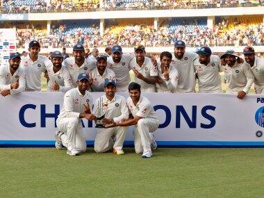 India’s players with the trophy after winning the Test series against New Zealand. Reuters