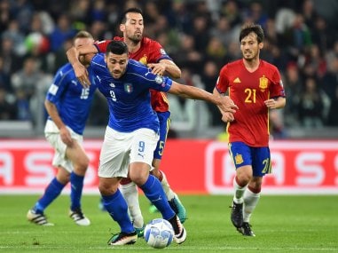 Italy's Graziano Pelle in action against Spain during the WC 2018 qualifier. AFP
