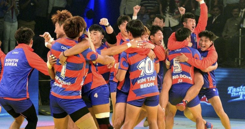 South Korean players celebrates after win the inaugural match against India during the Kabaddi World Cup-2016 in Ahmedabad. PTI