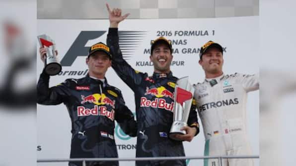 Formula One: Daniel Ricciardo wins dramatic Malaysian GP, Lewis Hamilton crashes out