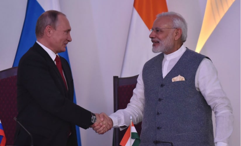 Prime Minister Narendra Modi and Russian President Vladimir Putin during the joint statement ahead of Brics summit in Goa on Saturday. (Image: PIB)
