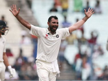 Mohammed Shami celebrates after taking a wicket against New Zealand. AFP