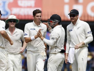 New Zealand celebrate wicket of Cheteshwar Pujara on Day 1 of Indore Test. AP