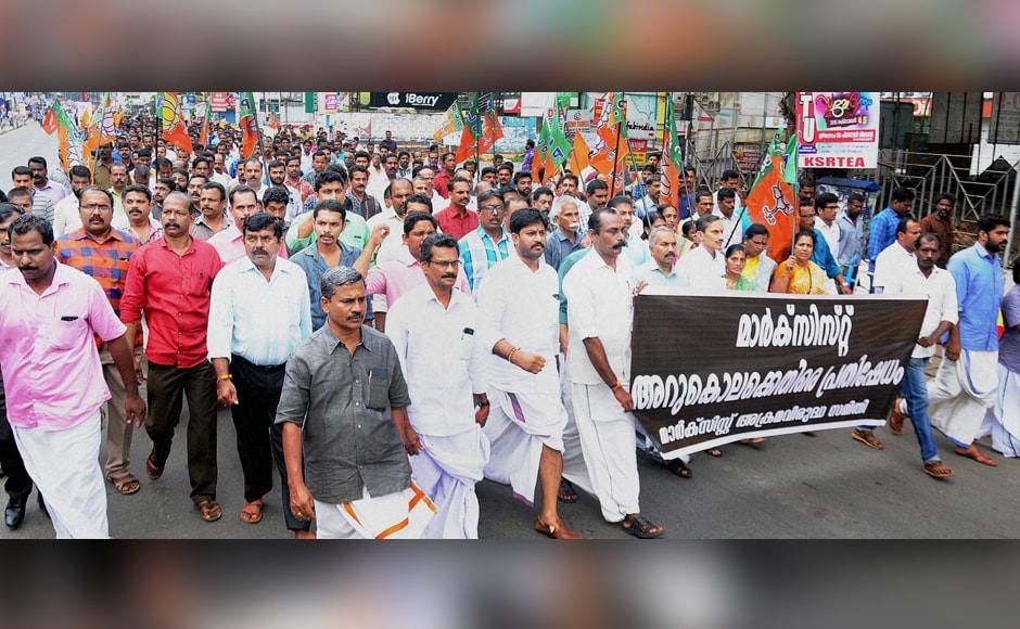 BJP activists also took out a protest march in Kozhikode as part of their statewide strike. Some two-wheelers and private vehicles were seen plying around in urban areas but it was a different scenario in the rural areas. Photo: PTI BJP activists also took out a protest march in Kozhikode as part of their statewide strike. Some two-wheelers and private vehicles were seen plying around in urban areas but it was a different scenario in the rural areas. Photo: PTI