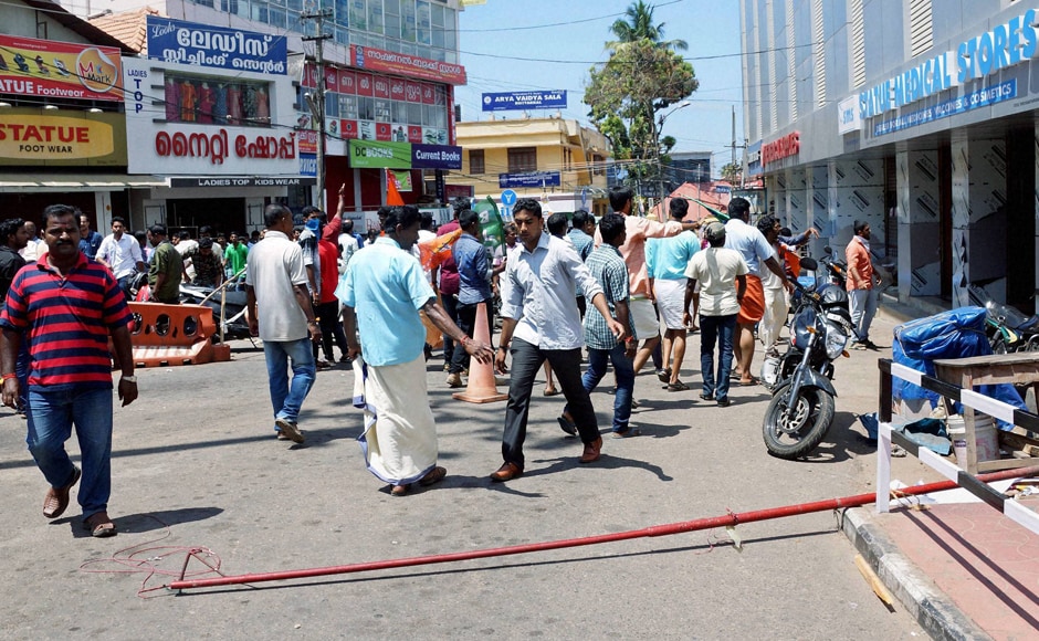 BJP activists forcibly closed down shops including medical stores after destroying Left Democratic Front (LDF) hoardings, flag posts near Secretariat in Thiruvananthapuram. Photo: PTI BJP activists forcibly closed down shops including medical stores after destroying Left Democratic Front (LDF) hoardings, flag posts near Secretariat in Thiruvananthapuram. Photo: PTI