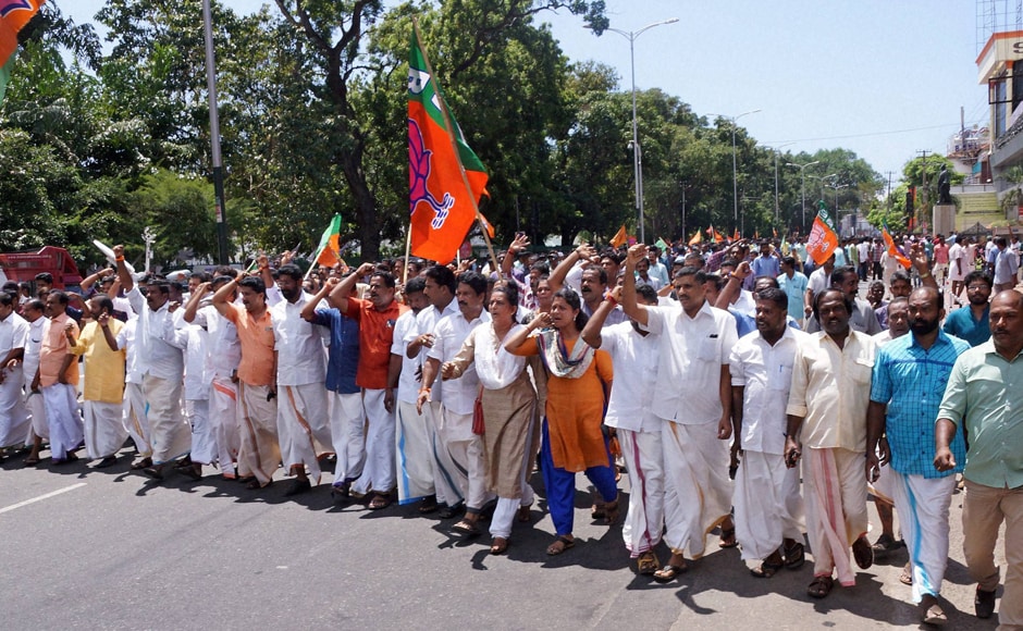 The Bharatiya Janata Party's Kerala unit called for a state shutdown to protest against the murder of one of its activists in Kannur. Party activists took out a march to the Secretariat in Thiruvananthapuram. Photo: PTI The Bharatiya Janata Party's Kerala unit called for a state shutdown to protest against the murder of one of its activists in Kannur. Party activists took out a march to the Secretariat in Thiruvananthapuram. Photo: PTI