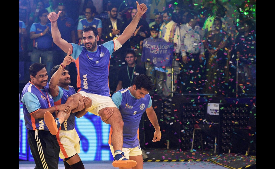 Captain Anup Kumar was hoisted up by his teammates after India's victory. His leadership shone throughout the game. PTI Captain Anup Kumar was hoisted up by his teammates after India's victory. His leadership shone throughout the game. PTI