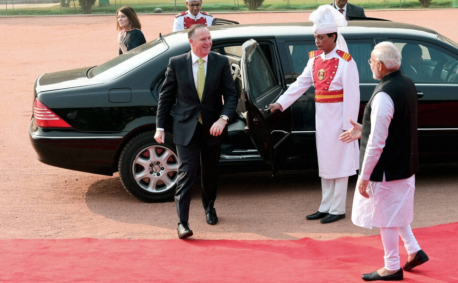 Prime Minister Narendra Modi welcomes his New Zealand's counterpart John Key ahead of talks during which he sought Wellington's support for India's entry into the Nuclear Suppliers Group in New Delhi on Wednesday. (Photo: PTI) Prime Minister Narendra Modi welcomes his New Zealand's counterpart John Key ahead of talks during which he sought Wellington's support for India's entry into the Nuclear Suppliers Group in New Delhi on Wednesday. (Photo: PTI)