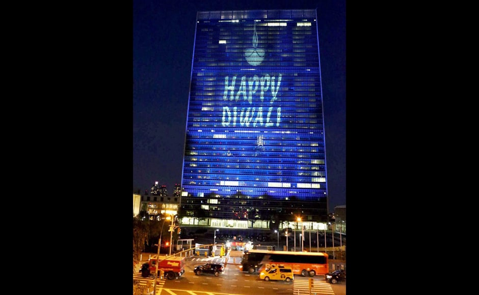 Also, in a first, Diwali was commemorated at the United Nations, with the world body's imposing headquarters here lit up especially on the occasion of the Indian festival of lights. (Photo: PTI) Also, in a first, Diwali was commemorated at the United Nations, with the world body's imposing headquarters here lit up especially on the occasion of the Indian festival of lights. (Photo: PTI)