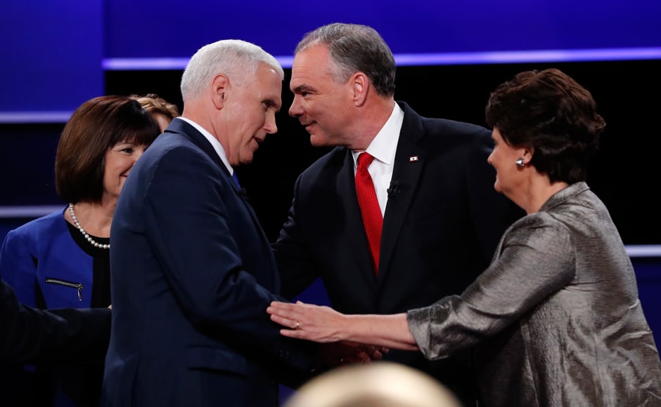 Tim Kaine greets Karen Pence, wife of Mike Pence, as Pence greets Anne Holton, wife of Tim Kaine after the conclusion of their debate. Reuters Tim Kaine greets Karen Pence, wife of Mike Pence, as Pence greets Anne Holton, wife of Tim Kaine after the conclusion of their debate. Reuters