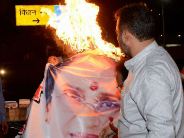 Congress workers in UP burn Rita Bahuguna Joshi's effigy after she joins BJP Congress workers in UP burn Rita Bahuguna Joshi's effigy after she joins BJP